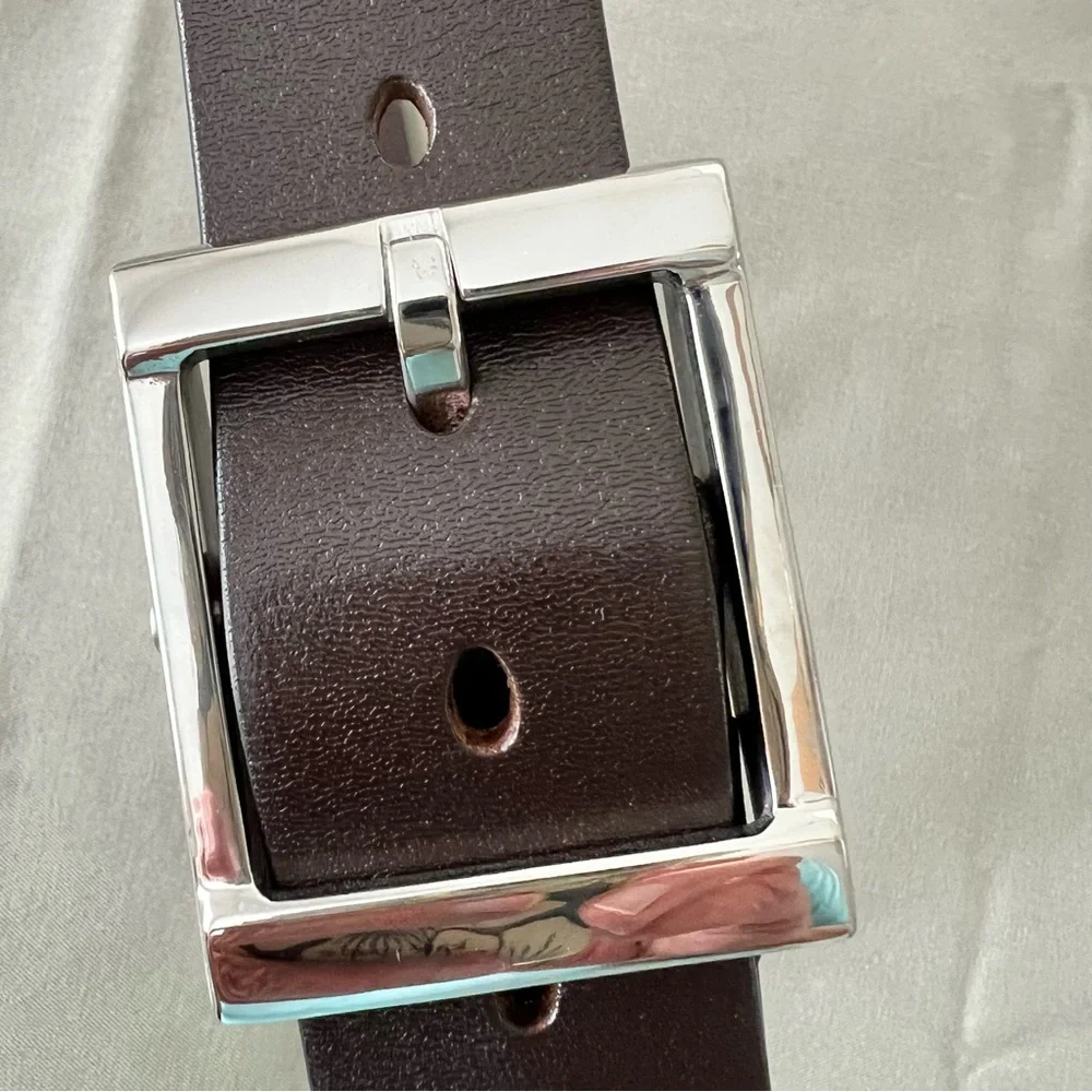 100% Leather Brown Belt with Silver-Tone Buckle 38
